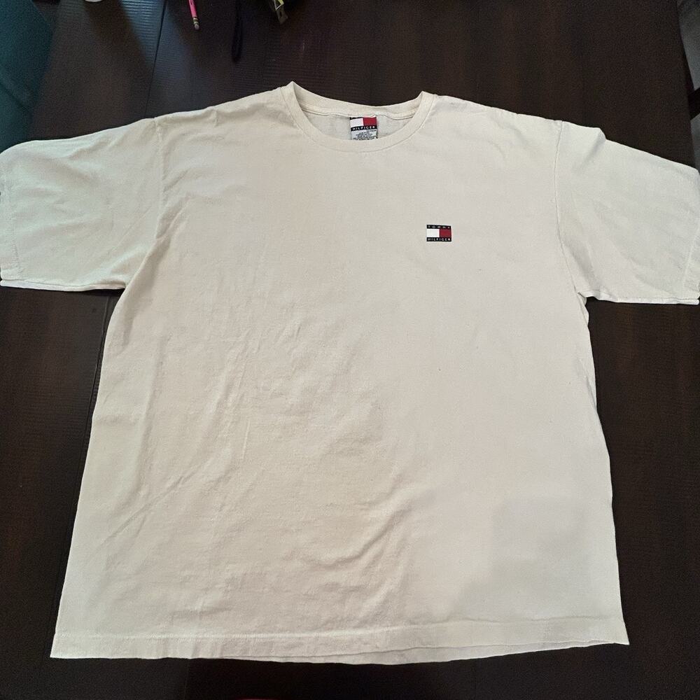 Vintage Tommy Hilfiger Shortโ Sleeve T-shirt Sz XXL Flag VTG Tommy Cream